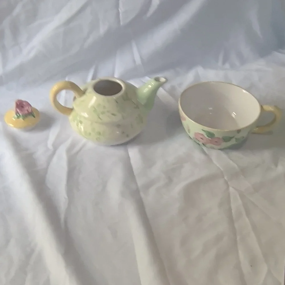 Tea For One Floral Ceramic Teapot Cup & Lid Set 3-Piece Boxed Green Pink